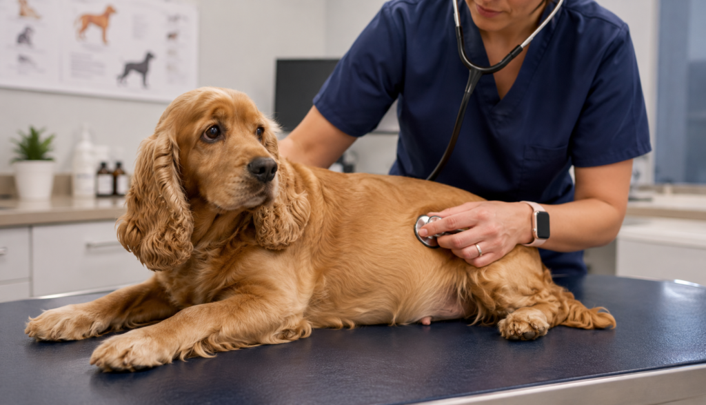 "Pregnant Cocker Spaniel getting a veterinary checkup"