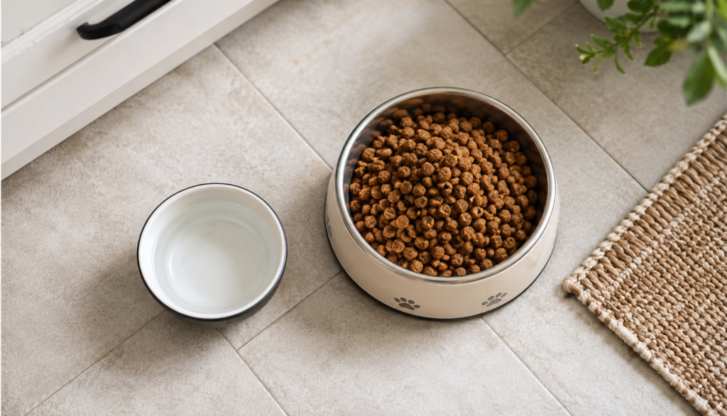 "Bowl of nutrient-dense puppy food prepared for a pregnant dog's diet"