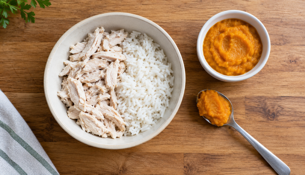 Bland diet bowl of boiled chicken, rice, and pumpkin for a dog with diarrhea