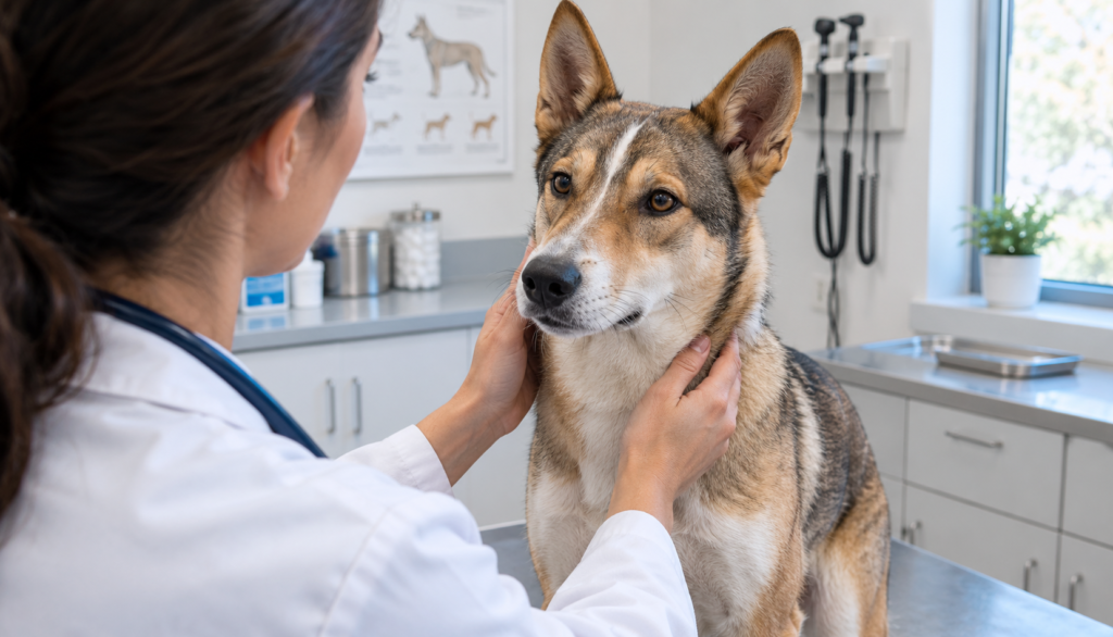 Canaan Dog being examined by a vet for ongoing diarrhea symptoms