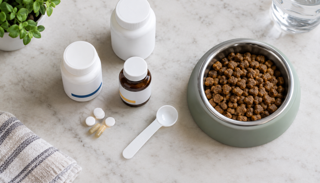 ChatGPT Image Sep 11, 2026, 03_36_07 PM Flat lay of over-the-counter medicine bottles next to a small dog bowl, symbolizing medication caution