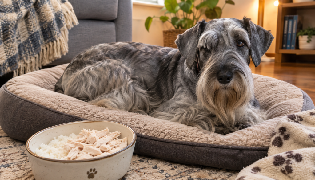 ChatGPT Image Sep 11, 2026, 03_36_08 PM Cesky Terrier resting comfortably at home during diarrhea recovery with a bland diet bowl nearby