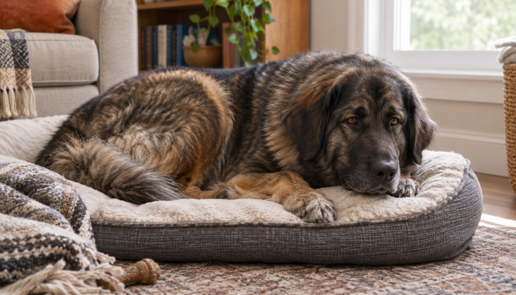 Estrela Mountain Dog resting calmly indoors during mild stomach upset