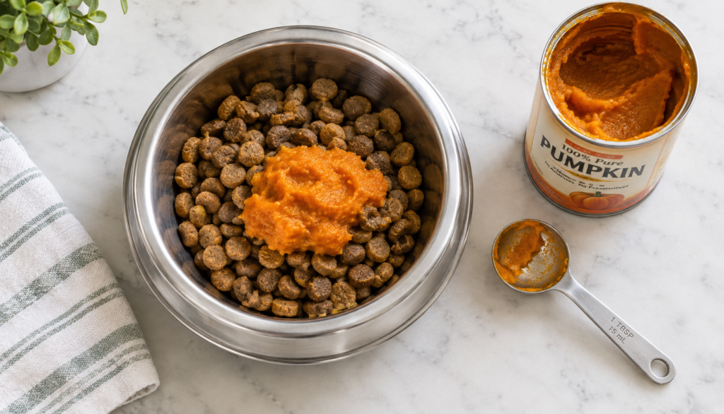 Dog food bowl with kibble and measured canned pumpkin for diarrhea relief