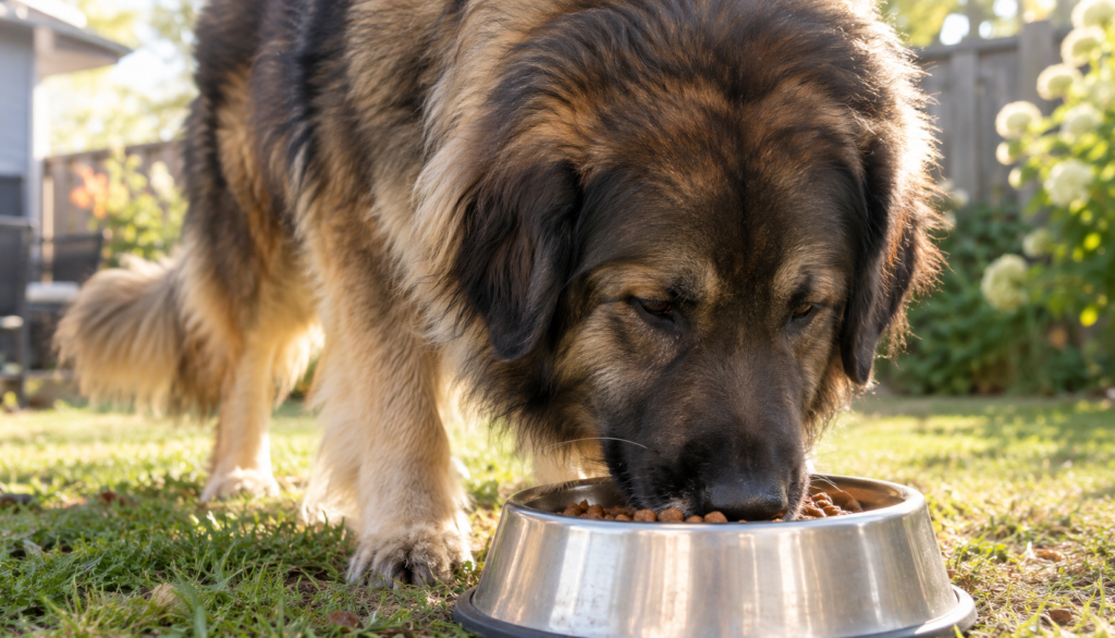 Estrela Mountain Dog eating pumpkin-mixed meal outdoors