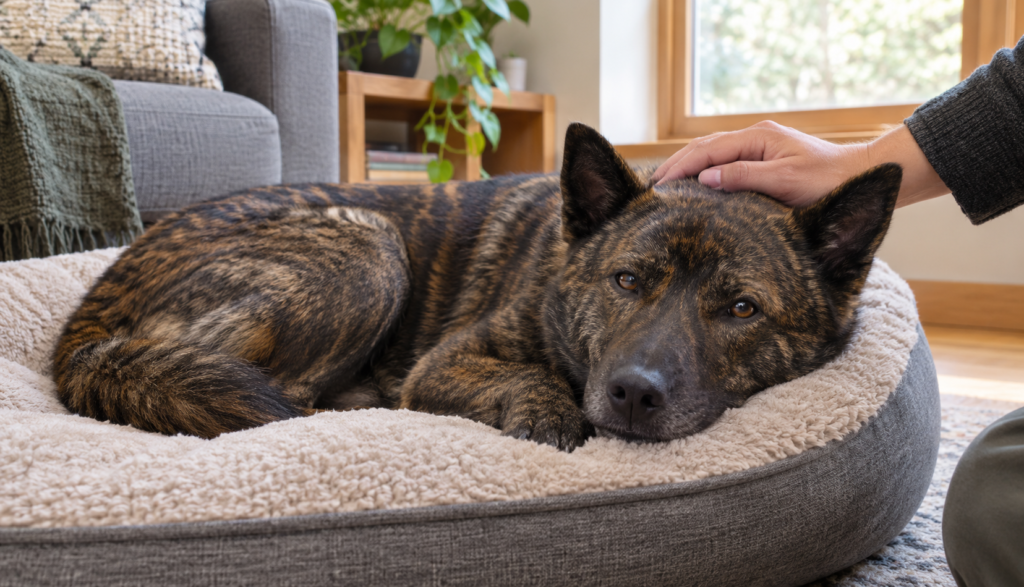 Kai Ken dog resting at home during diarrhea recovery