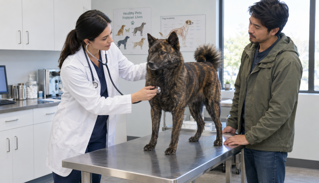 eterinarian examining Kai Ken dog for ongoing diarrhea symptoms"