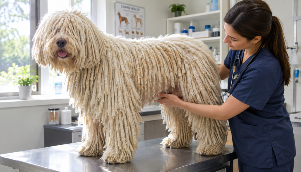 Komondor being examined by a vet for digestive symptoms