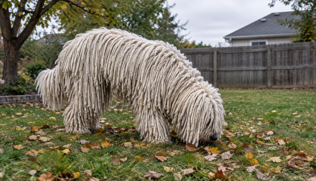Komondor sniffing grass outdoors, a common trigger for dietary indiscretion