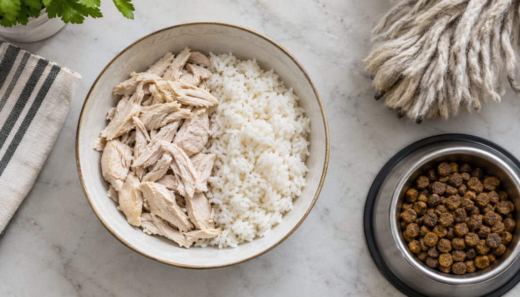 Bland diet of chicken and rice for a dog recovering from diarrhea