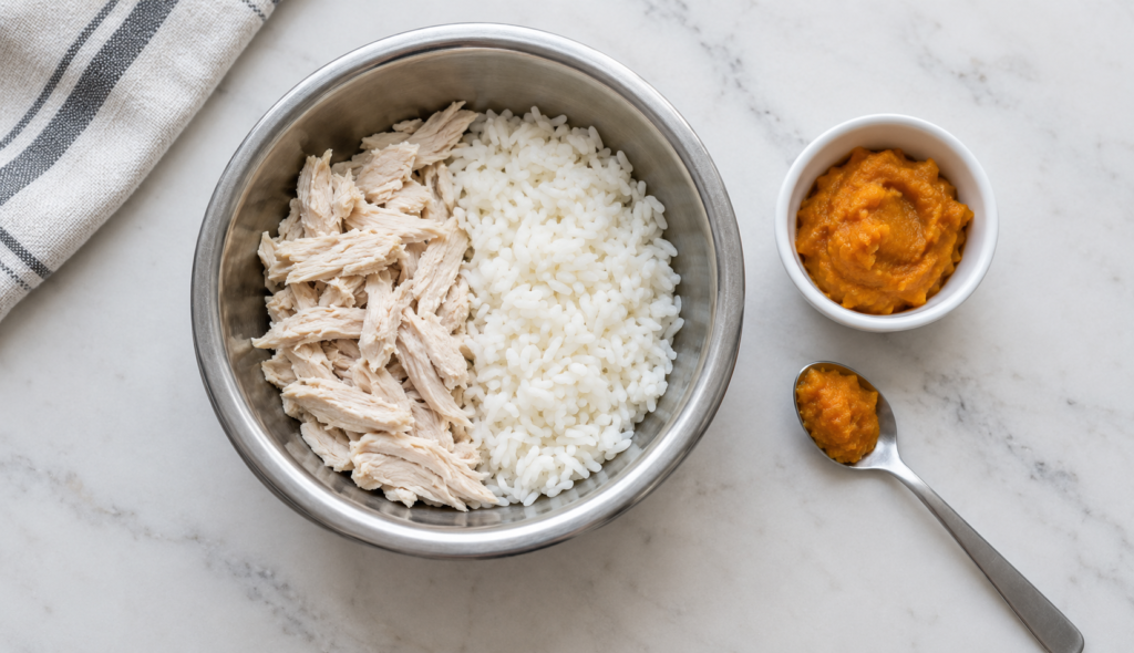 "Bland diet bowl of chicken, rice, and pumpkin for a dog with diarrhea"