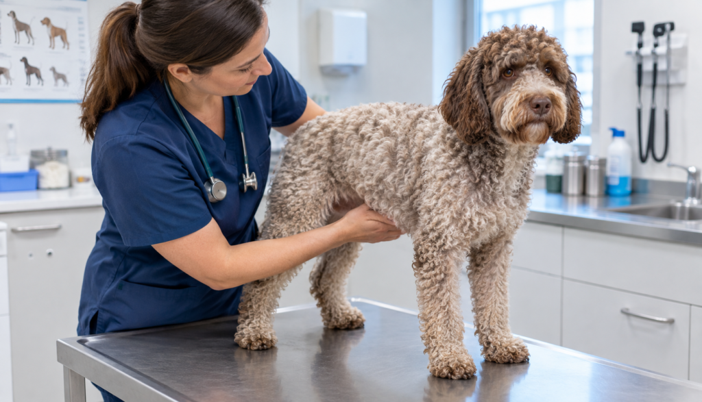 "Veterinarian examining a Lagotto Romagnolo at a vet clinic"