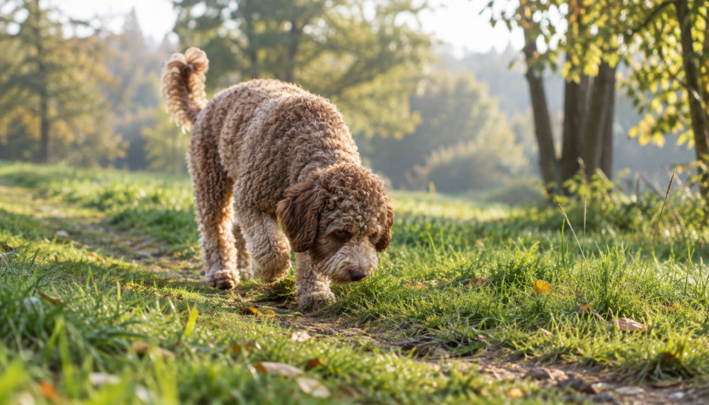 "Lagotto Romagnolo sniffing outdoors on a walk"