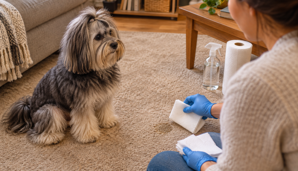 Person preparing to clean a carpet spot near a Löwchen dog