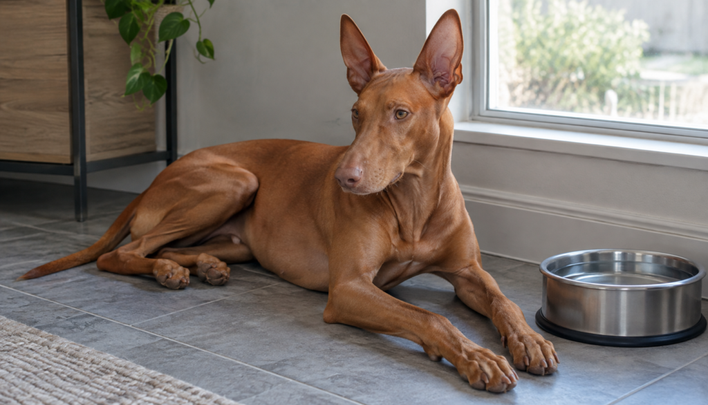 Pharaoh Hound resting near a water bowl indoors