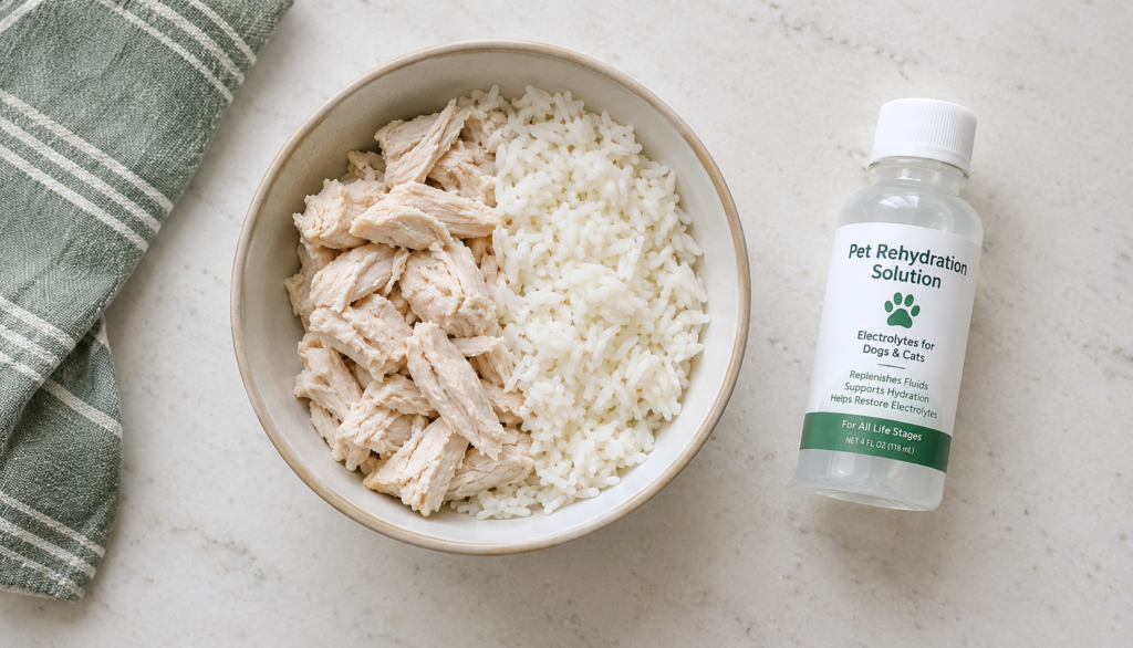 Bland diet and rehydration solution for a dog with diarrhea"
