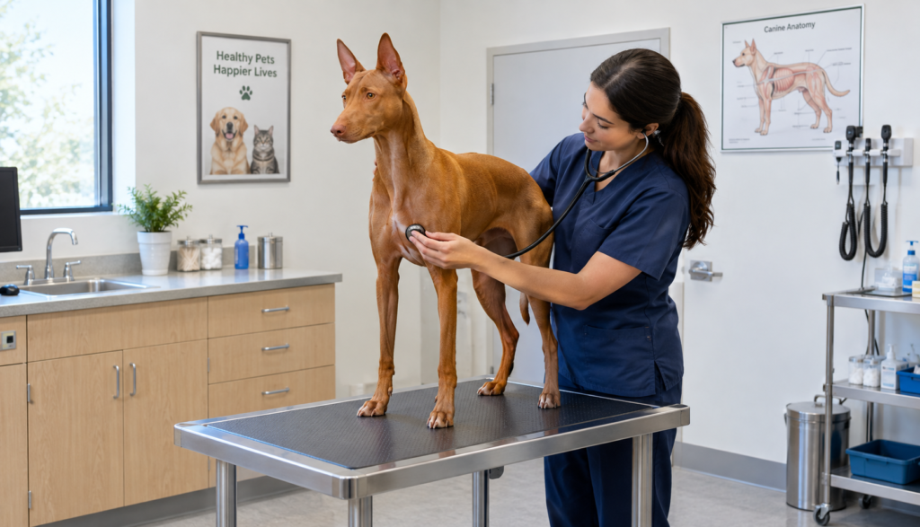 Veterinarian examining a Pharaoh Hound at a vet clinic