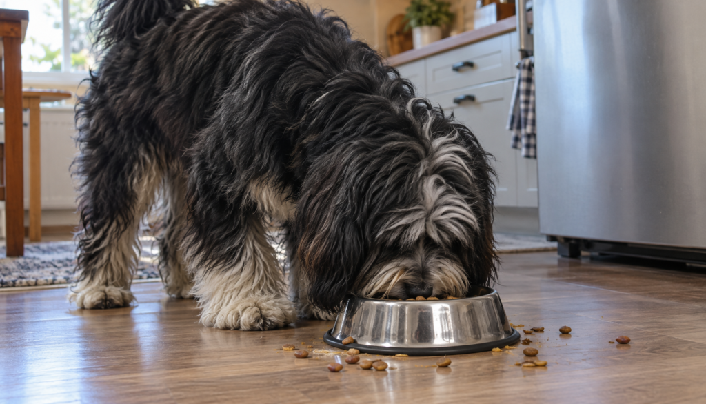 Tibetan Terrier eating quickly from a bowl