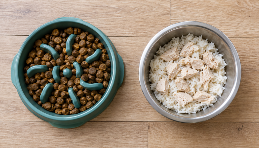Slow-feeder bowl and bland diet meal for a dog with digestive upset