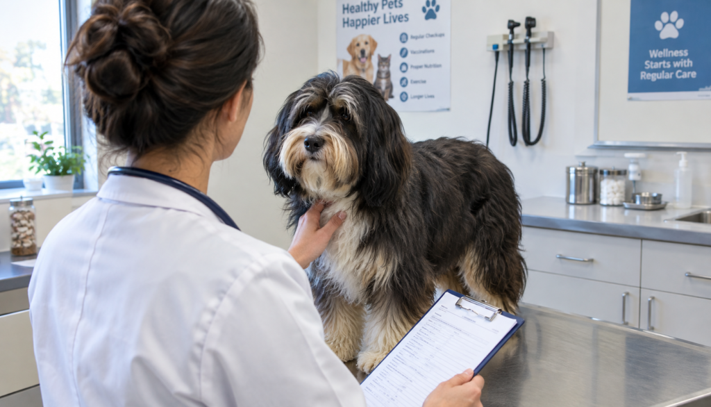 Veterinarian reviewing a Tibetan Terrier's diet history at a vet clinic