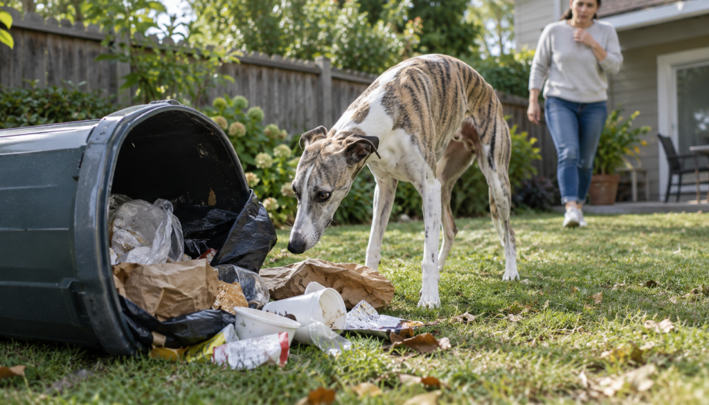 Whippet investigating spilled garbage, a common trigger for dog vomiting"