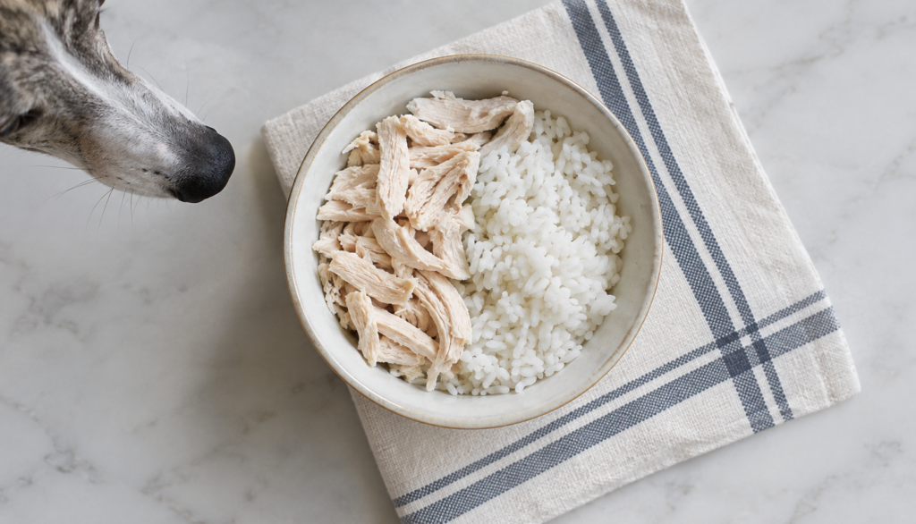 "Bland diet of chicken and rice for a Whippet recovering from vomiting"
