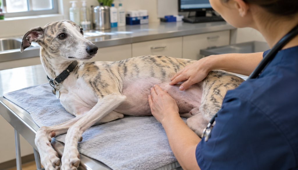 Veterinarian examining a Whippet during a vomiting evaluation"