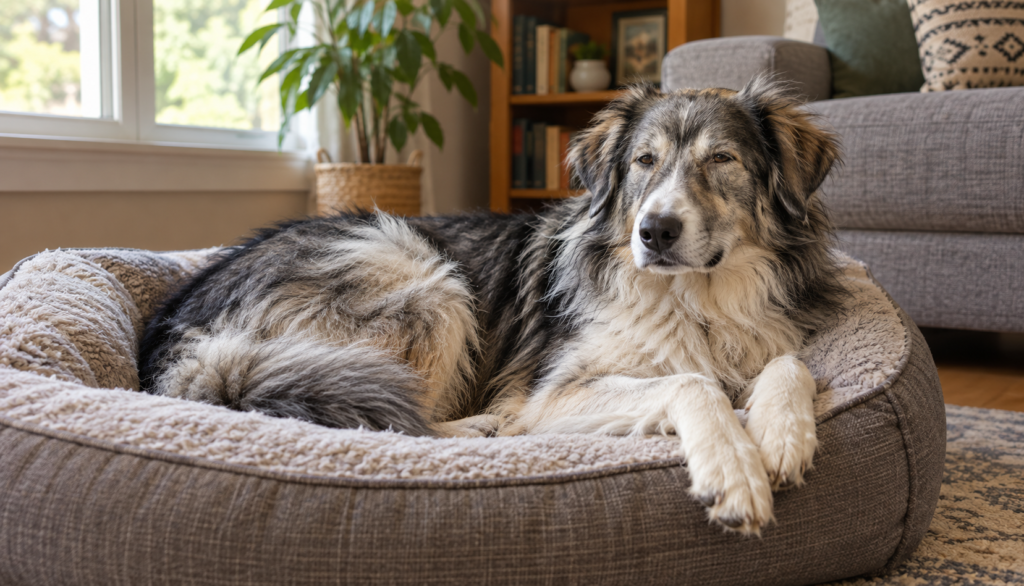 Calm Pyrenean Shepherd resting, illustrating normal dog behavior instincts"