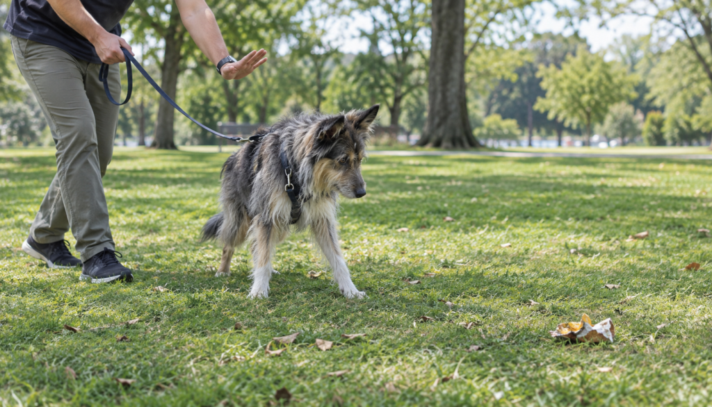 Owner training Pyrenean Shepherd with leave-it command outdoors"