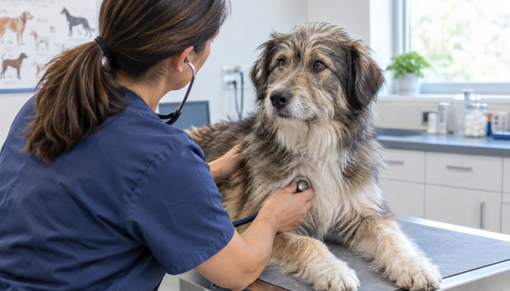 Veterinarian examining Pyrenean Shepherd during checkup"