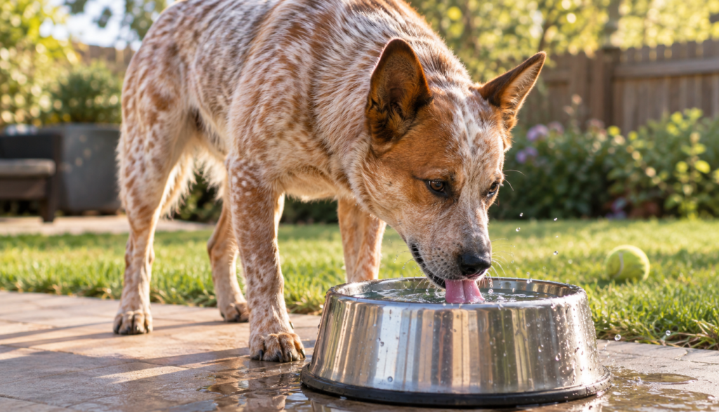 Australian Cattle Dog drinking water from a bowl on a backyard patio after playing fetch