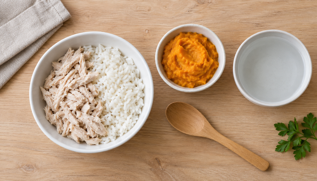 Bland diet for a dog with an upset stomach: boiled chicken, white rice, plain pumpkin, and water