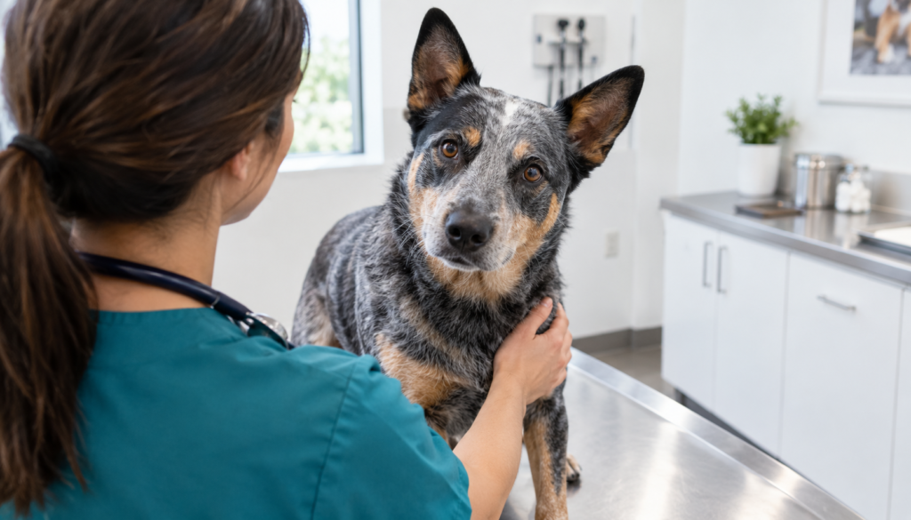 Veterinarian examining an Australian Cattle Dog on an exam table at a vet clinic