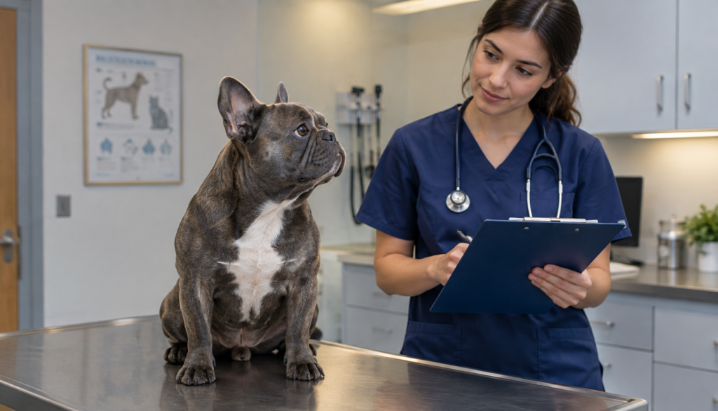 French Bulldog at vet clinic during examination