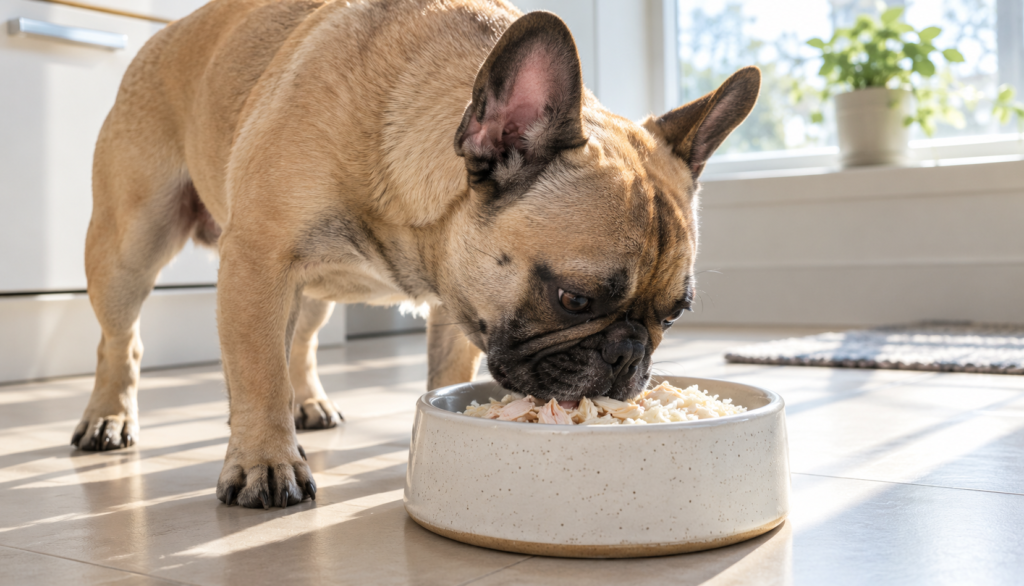 French Bulldog eating bland food during recovery