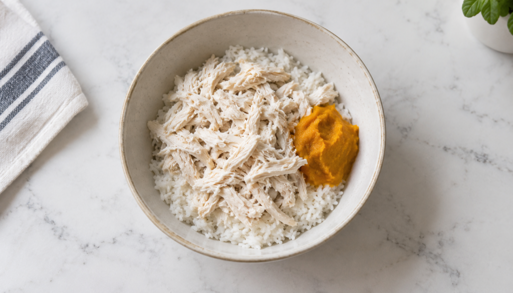 ChatGPT Image Sep 7, 2026, 09_56_50 PM Bland diet bowl of chicken, rice, and pumpkin for dog diarrhea recovery