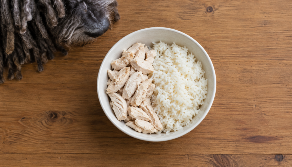 ChatGPT Image Sep 8, 2026, 03_00_13 PM Bland diet of boiled chicken and rice for dogs with diarrhea, Bergamasco Sheepdog entering frame