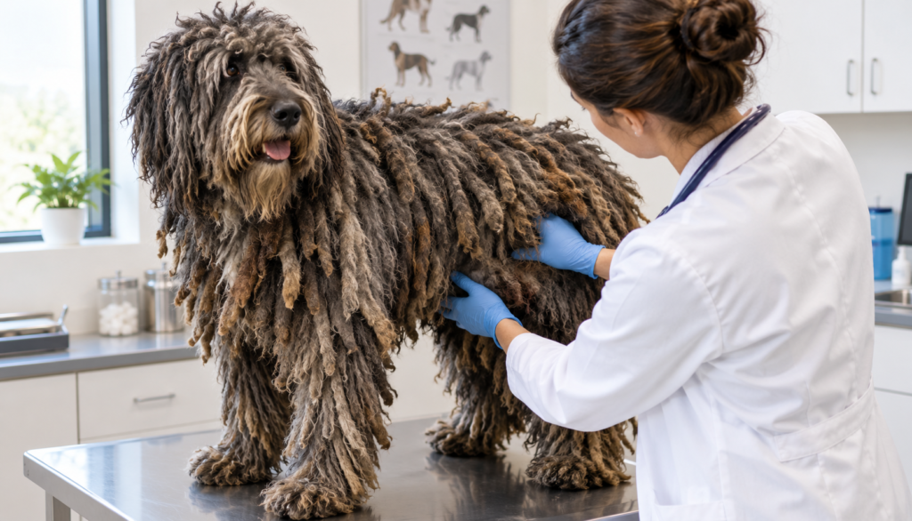 ChatGPT Image Sep 8, 2026, 03_00_15 PM Bergamasco Sheepdog being examined by a veterinarian at a clinic