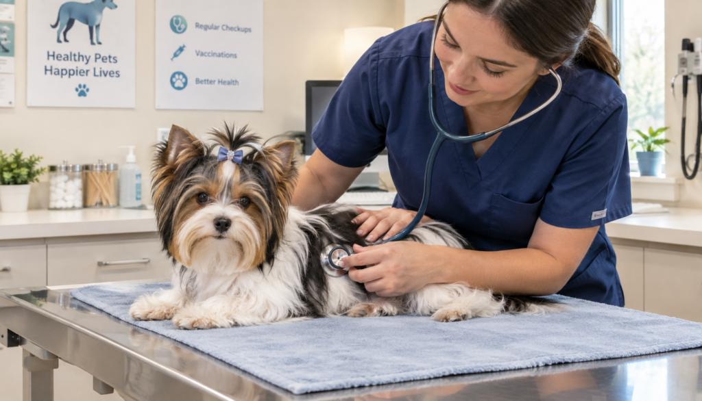 Veterinarian examining a Biewer Terrier's stomach during a checkup"