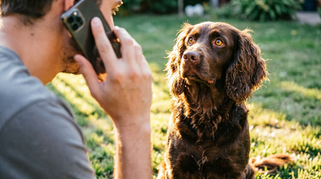 Boykin Spaniel sitting beside owner who is calling a vet on a phone