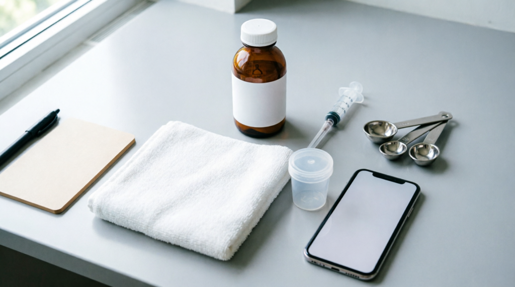 Flat lay of pet emergency supplies including oral syringe, measuring spoons, and peroxide bottle