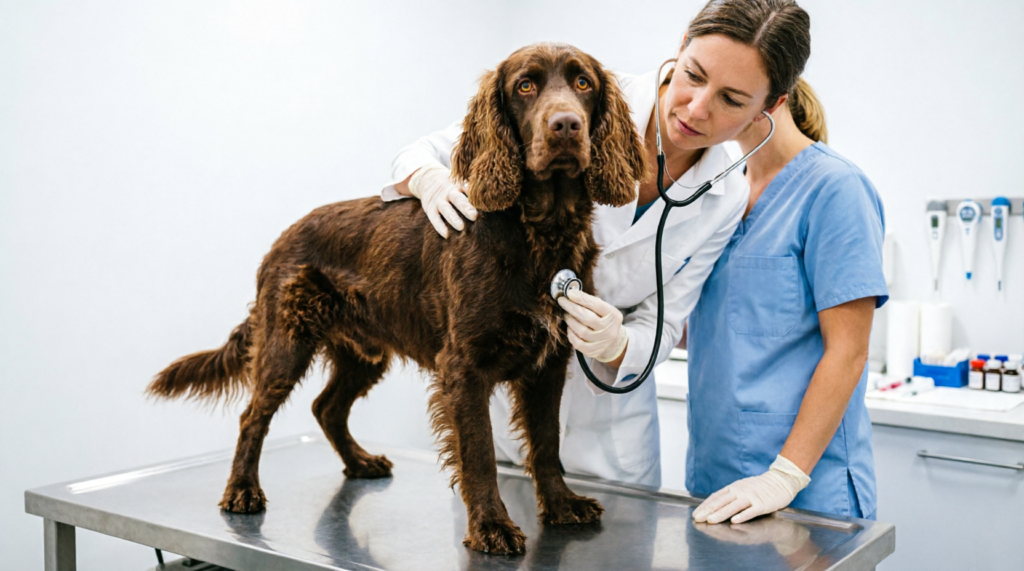 Veterinarian examining a calm Boykin Spaniel on an exam table with a stethoscope
