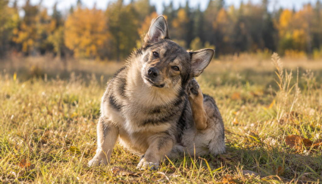 Swedish Vallhund scratching its ear with a hind paw in an autumn meadow