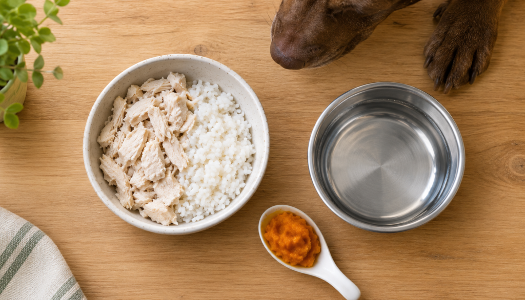 "Bland chicken and rice meal with water for a Chesapeake Bay Retriever"