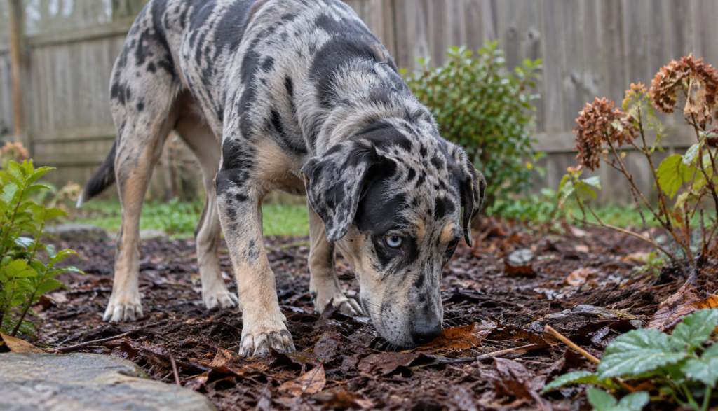 Catahoula Leopard Dog sniffing brown mulch and wet leaves in a backyard garden