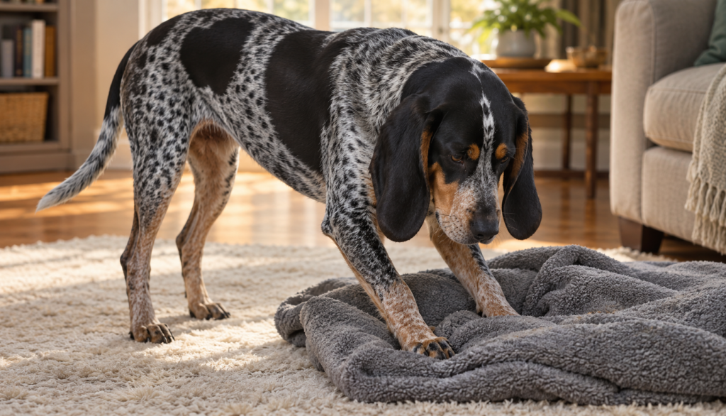 Bluetick Coonhound pressing its front paws into a blanket on a living room rug