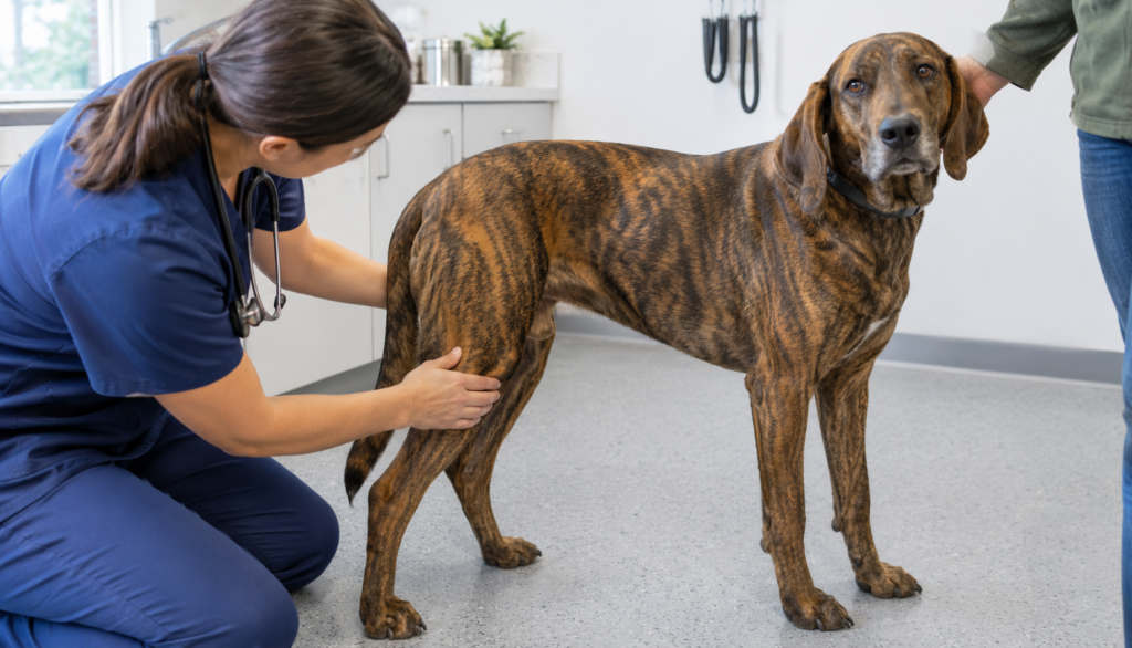Veterinarian gently examining a Plott Hound’s back leg in a clinic