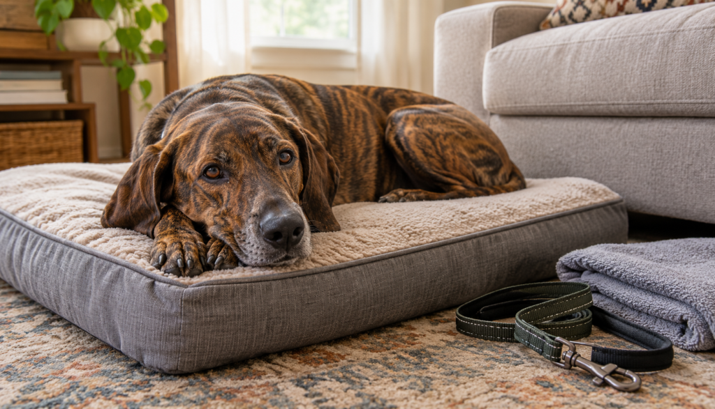 Plott Hound resting comfortably on a dog bed in a living room while recovering