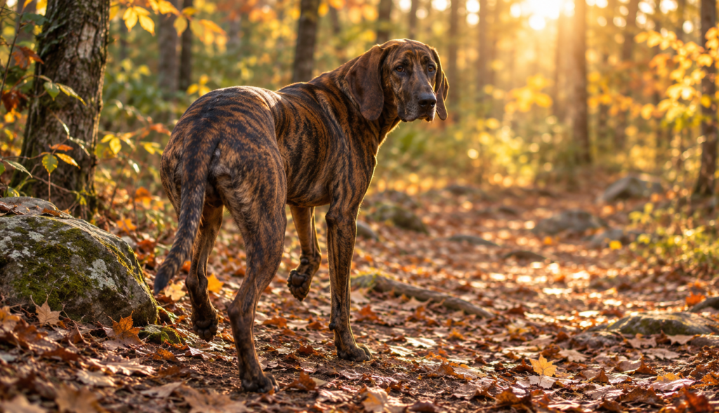 Plott Hound pausing on a wooded hiking trail with one back paw lifted slightly