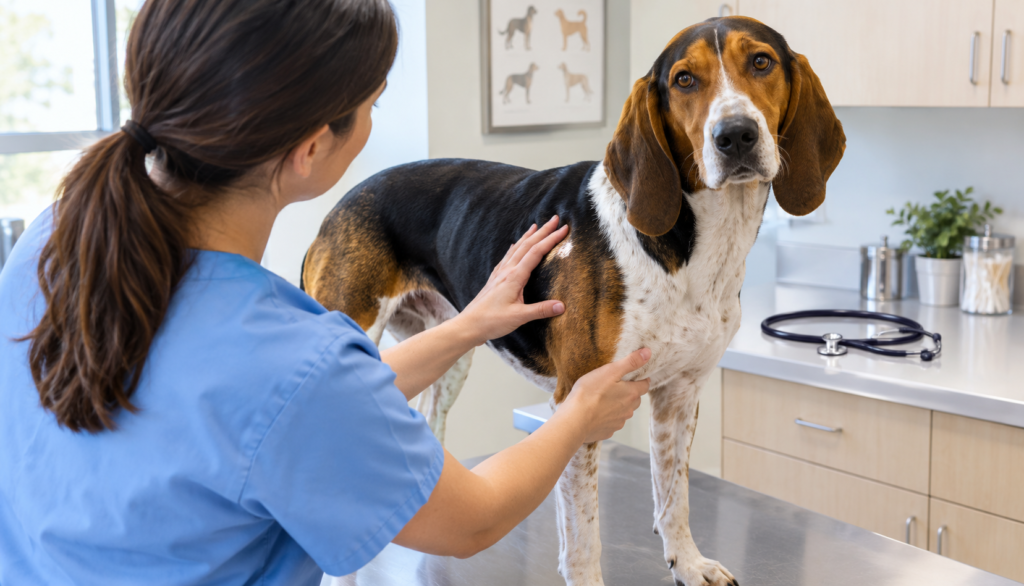 Veterinarian gently checking a Treeing Walker Coonhound’s coat in an exam room